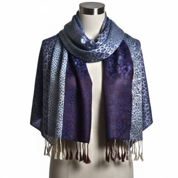VTG Passigatti 100% Pashmina Cashmere Scarf Wrap Blue Plum Italian Luxury Fringe - Picture 1 of 12